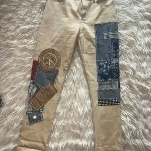 Beige Patchwork Embroidered Peace Sign Pants